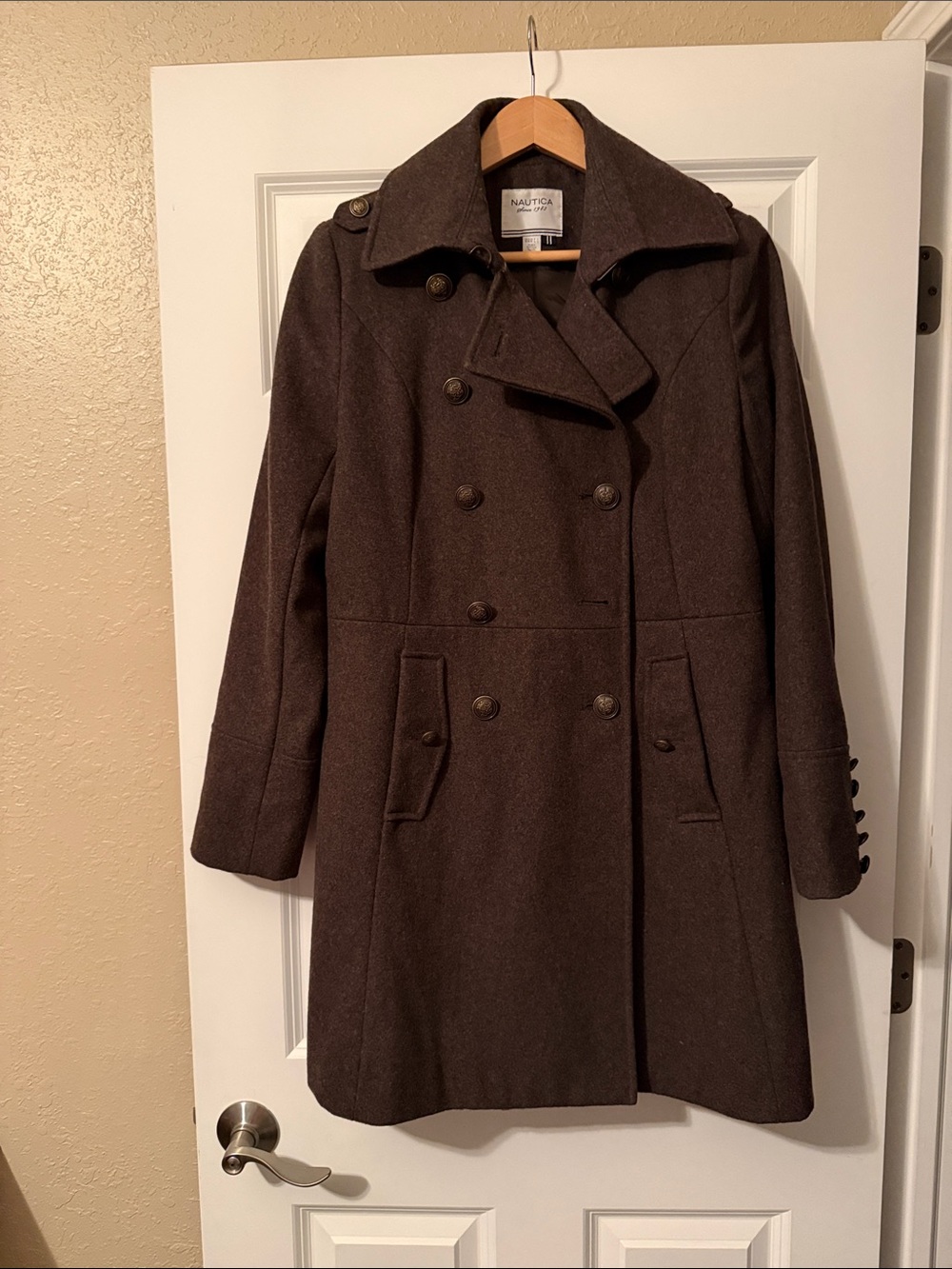 Nautica Women's Double-Breasted Long Peacoat in Dark Brown